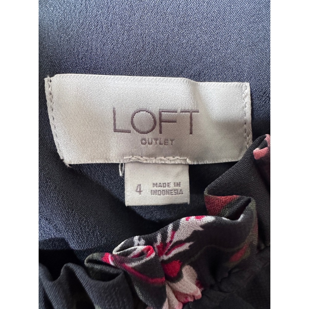 Loft Outlet Women Black Pink Floral Ruffle Neck Long Sleeve Shift Dress Size 4 - Picture 6 of 7